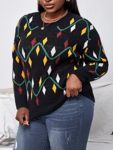 Slaydiva Plus Argyle Pattern Drop Shoulder Jumper - Multicolor - View 5