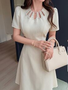Feyla Women's Solid Color Faux Pearl Decor Hollow Out Design Elegant Short Dress - Apricot - View 8