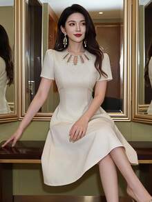 Feyla Women's Solid Color Faux Pearl Decor Hollow Out Design Elegant Short Dress - Apricot - View 2