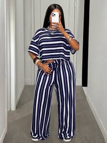 Slaydiva Women Plus Size 2-Piece Set, Navy Blue Striped Print Loose Drop Shoulder Short Sleeve Cropped Top Wide Leg Pants, Summer Vacation Casual Wear Formal - Navy Blue - View 4