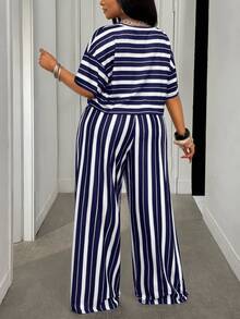 Slaydiva Women Plus Size 2-Piece Set, Navy Blue Striped Print Loose Drop Shoulder Short Sleeve Cropped Top Wide Leg Pants, Summer Vacation Casual Wear Formal - Navy Blue - View 2