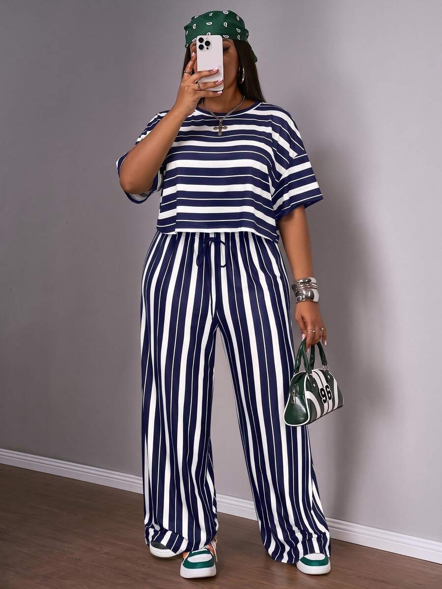 Slaydiva Women Plus Size 2-Piece Set, Navy Blue Striped Print Loose Drop Shoulder Short Sleeve Cropped Top Wide Leg Pants, Summer Vacation Casual Wear Formal - Navy Blue - View 1