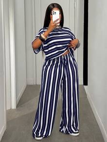 Slaydiva Women Plus Size 2-Piece Set, Navy Blue Striped Print Loose Drop Shoulder Short Sleeve Cropped Top Wide Leg Pants, Summer Vacation Casual Wear Formal - Navy Blue - View 5