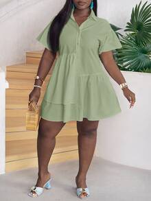 Veslaya Plus Size Women Casual Solid Color Asymmetrical Hem Short Sleeve A-Line Dress - Mint Green - View 7