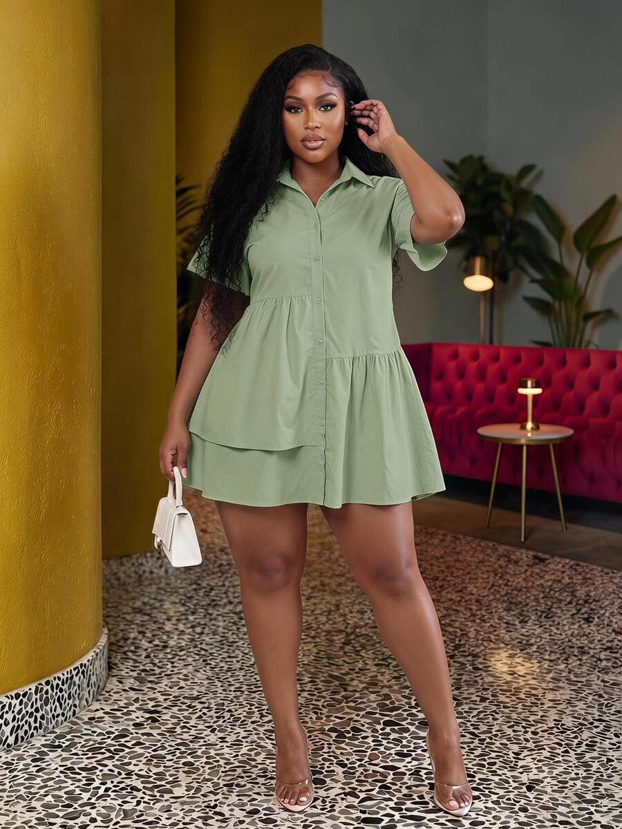 Veslaya Plus Size Women Casual Solid Color Asymmetrical Hem Short Sleeve A-Line Dress - Mint Green - View 1