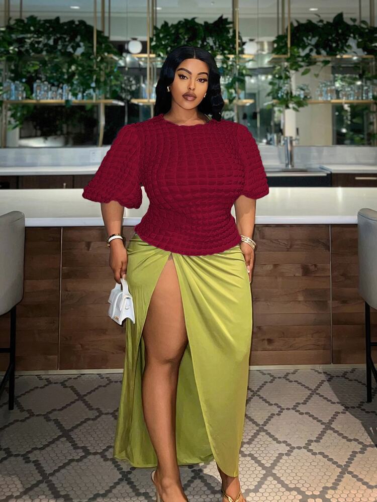 Veslaya Plus Size Casual Basic Women's Plus Size Textured Grid Round Neck Puff Sleeve T-Shirt Popcorn Styles - Burgundy - View 6