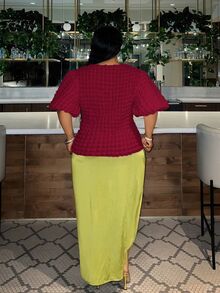 Veslaya 大码休闲基本款女士大码纹理网格圆领泡泡袖 T 恤爆米花款式 - 酒紅色 - 查看 2