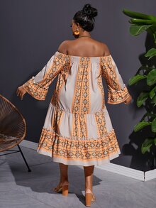 Veslaya Plus Size Elegant & Vacation & Daily Loose Off-Shoulder Cropped Sleeve Frill Hem Patchwork Dress,  Geometric Print, Spring Summer - E - Orange - View 2