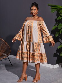 Veslaya Plus Size Elegant & Vacation & Daily Loose Off-Shoulder Cropped Sleeve Frill Hem Patchwork Dress,  Geometric Print, Spring Summer - E - Orange - View 3