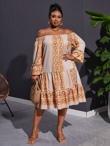 Veslaya Plus Size Elegant & Vacation & Daily Loose Off-Shoulder Cropped Sleeve Frill Hem Patchwork Dress,  Geometric Print, Spring Summer - E - Orange - View 4