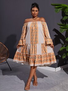 Veslaya Plus Size Elegant & Vacation & Daily Loose Off-Shoulder Cropped Sleeve Frill Hem Patchwork Dress,  Geometric Print, Spring Summer - E - Orange - View 5