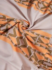 Veslaya Plus Size Elegant & Vacation & Daily Loose Off-Shoulder Cropped Sleeve Frill Hem Patchwork Dress,  Geometric Print, Spring Summer - E - Orange - View 6
