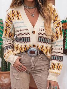 EMERY ROSE Women's Plus Size Vintage Geometric Pattern Drop Shoulder Long Sleeve Knit Cardigan Winter All Winter 2026 Women Fall Winter Sweater Vintage - Multicolor - View 8