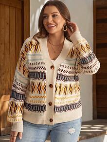 EMERY ROSE Women's Plus Size Vintage Geometric Pattern Drop Shoulder Long Sleeve Knit Cardigan Winter All Winter 2026 Women Fall Winter Sweater Vintage - Multicolor - View 11