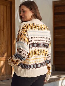 EMERY ROSE Women's Plus Size Vintage Geometric Pattern Drop Shoulder Long Sleeve Knit Cardigan Winter All Winter 2026 Women Fall Winter Sweater Vintage - Multicolor - View 5