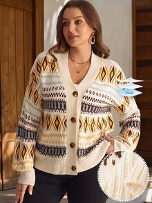 EMERY ROSE Women's Plus Size Vintage Geometric Pattern Drop Shoulder Long Sleeve Knit Cardigan Winter All Winter 2026 Women Fall Winter Sweater Vintage - Multicolor - View 2