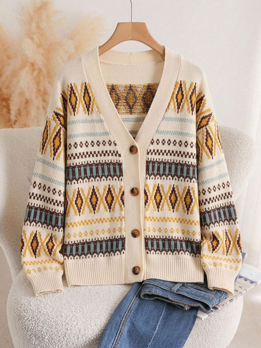 EMERY ROSE Women's Plus Size Vintage Geometric Pattern Drop Shoulder Long Sleeve Knit Cardigan Winter All Winter 2026 Women Fall Winter Sweater Vintage - Multicolor - View 1