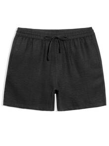 Manfinity KASUA Men's Textured Drawstring Waist Pocket Beach Shorts, Versatile For Vacation And Seaside, Holiday - Black - View 3