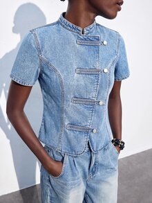 Maija Women's Light Wash Denim Asymmetrical Napoleon Buckle Single-Breasted Short Sleeve Casual Denim Top, Versatile Denim Top For Women, Autumn Winter Wear - Blue - View 9