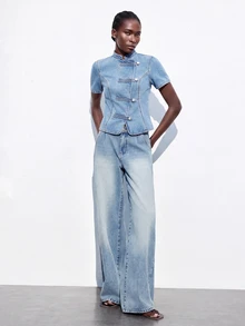 Maija Women's Light Wash Denim Asymmetrical Napoleon Buckle Single-Breasted Short Sleeve Casual Denim Top, Versatile Denim Top For Women, Autumn Winter Wear - Blue - View 5