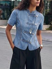 Maija Women's Light Wash Denim Asymmetrical Napoleon Buckle Single-Breasted Short Sleeve Casual Denim Top, Versatile Denim Top For Women, Autumn Winter Wear - Blue - View 3
