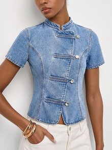 Maija Women's Light Wash Denim Asymmetrical Napoleon Buckle Single-Breasted Short Sleeve Casual Denim Top, Versatile Denim Top For Women, Autumn Winter Wear - Blue - View 1