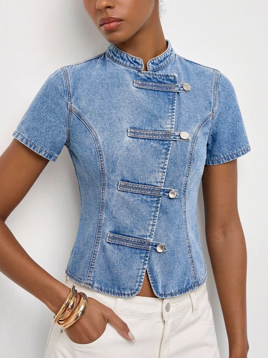 Maija Women's Light Wash Denim Asymmetrical Napoleon Buckle Single-Breasted Short Sleeve Casual Denim Top, Versatile Denim Top For Women, Autumn Winter Wear - Blue - View 1