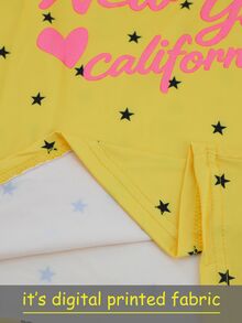 IslaSuriya [印花設計] 女款可愛夏季圖案T恤，粉色與黃色愛心&字母印花，標準版型，街頭風Y2K城市度假返校休閒上衣 - 彩色 - 查看 7