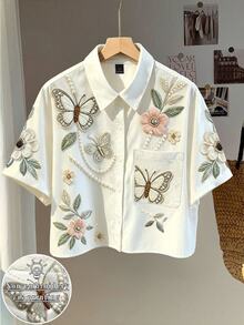 Resyla [Printed Design] Plus Size Women's Vacation Butterfly Floral Print Pocket Short Sleeve Top - Multicolor - View 1