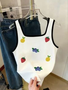 SHEIN [印花設計] 女款標準版型草莓與檸檬刺繡圓領休閒背心 - 彩色 - 查看 4