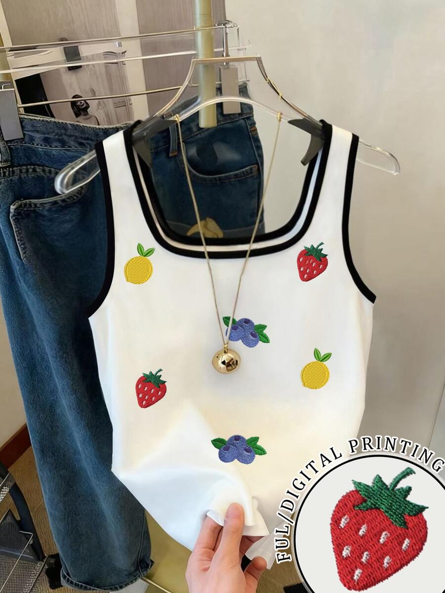 SHEIN [印花設計] 女款標準版型草莓與檸檬刺繡圓領休閒背心 - 彩色 - 查看 1