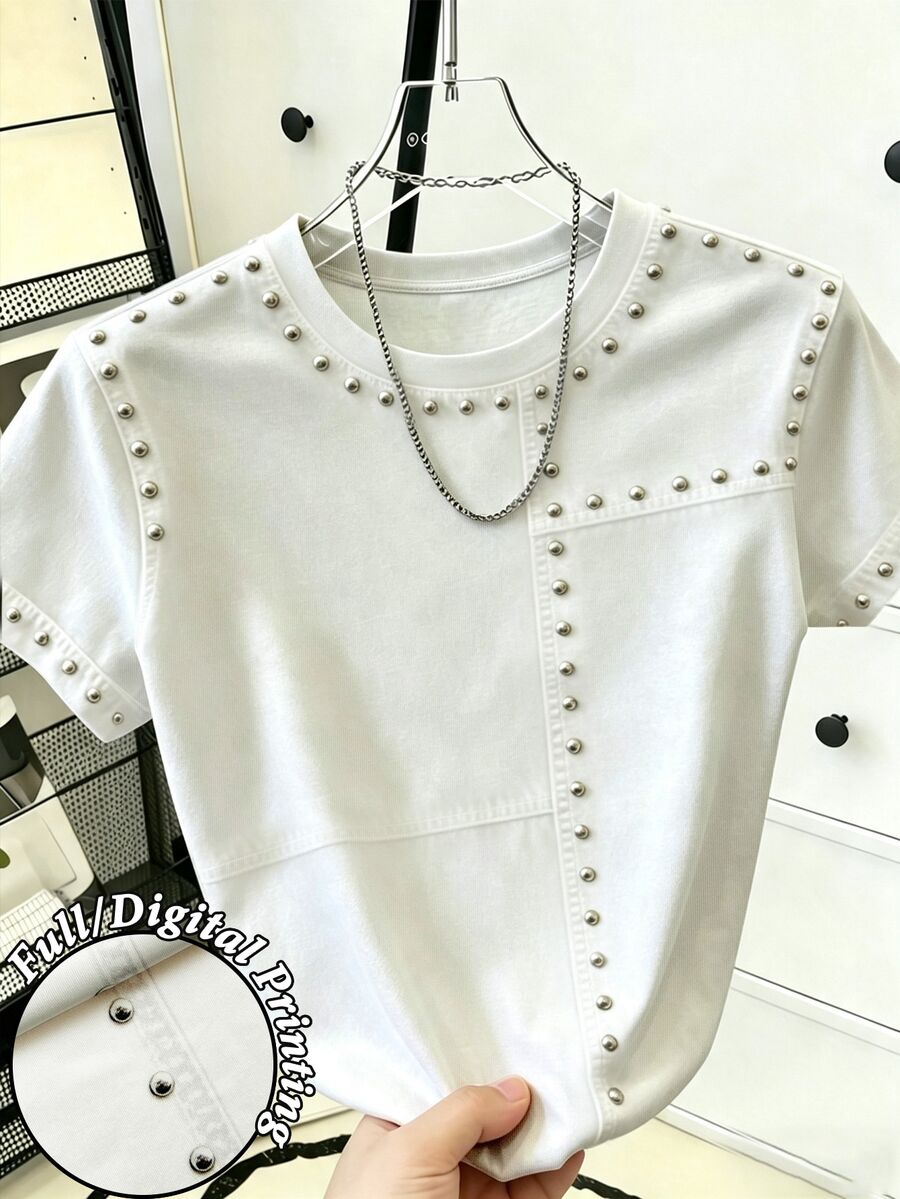 Resyla [Printed Design] Recommended Hot-Selling Style, American Simple Style Heavy Metal Rivet Stitching Women's Round Neck T-Shirt, Suitable For Daily Shopping, Dating And School Casual Wear, Clean, Refreshing And Versatile Summer Style - Multicolor - View 1