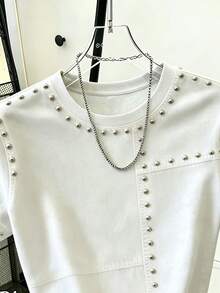 Resyla [Printed Design] Recommended Hot-Selling Style, American Simple Style Heavy Metal Rivet Stitching Women's Round Neck T-Shirt, Suitable For Daily Shopping, Dating And School Casual Wear, Clean, Refreshing And Versatile Summer Style - Multicolor - View 7