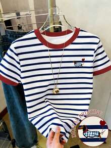 SHEIN 【印花設計】女款夏季休閒寬鬆條紋臘腸狗印花T恤 - 彩色 - 查看 1