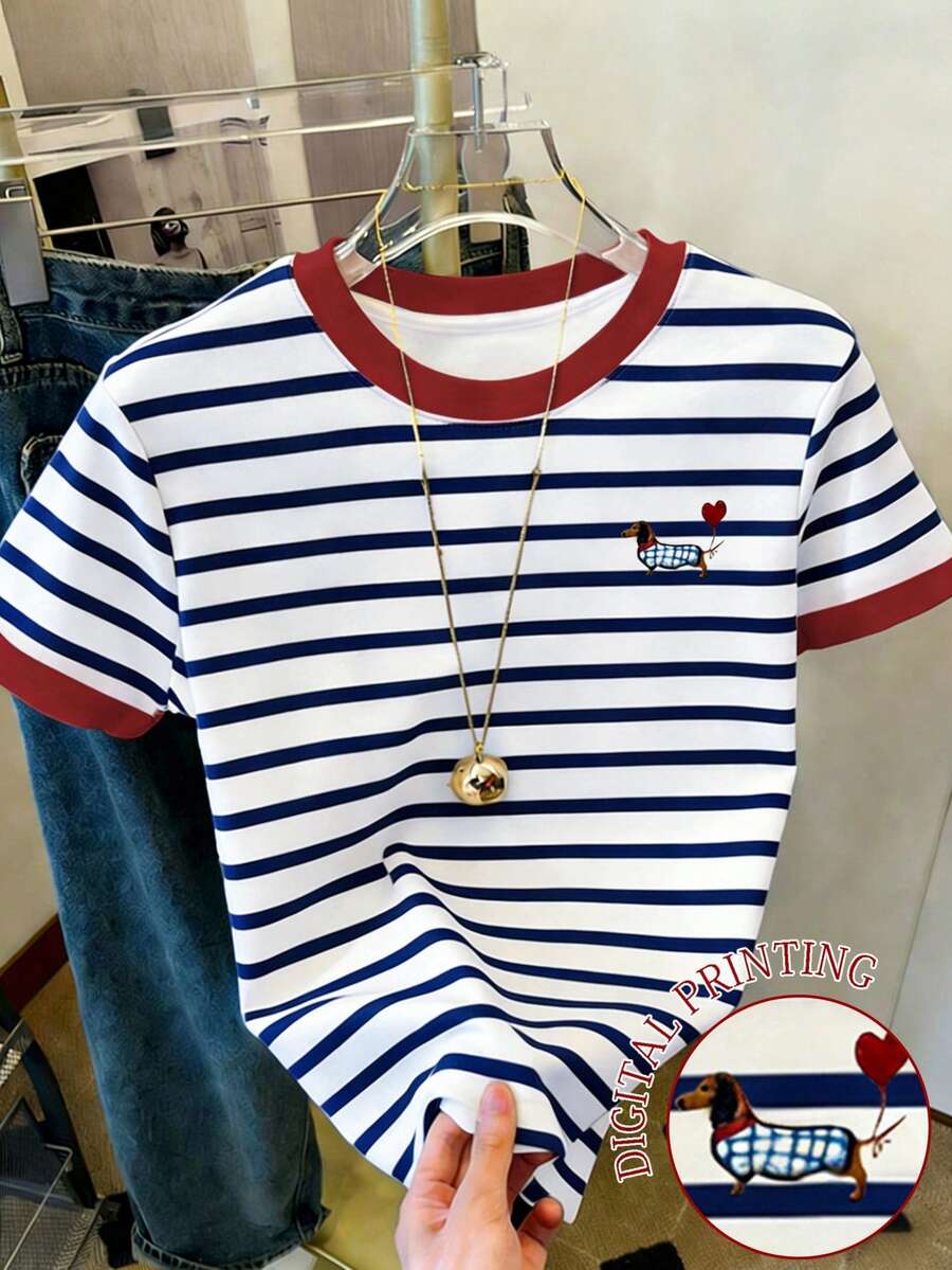 SHEIN 【印花設計】女款夏季休閒寬鬆條紋臘腸狗印花T恤 - 彩色 - 查看 1