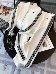 Franclia [Printed Design] Fitted Stand Collar Jacket + Casual Slant Pocket Pants - White - View 1