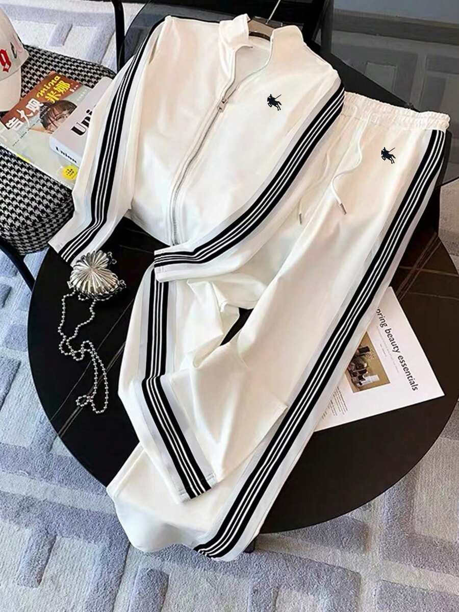 Franclia [Printed Design] Fitted Stand Collar Jacket + Casual Slant Pocket Pants - White - View 1