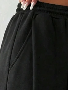 SHEIN 少女纯黑色针织宽松休闲抽绳口袋阔腿运动裤 - 黑色 - 查看 9
