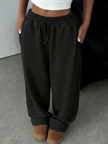 SHEIN 少女纯黑色针织宽松休闲抽绳口袋阔腿运动裤 - 黑色 - 查看 7