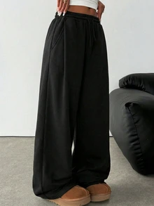 SHEIN 少女纯黑色针织宽松休闲抽绳口袋阔腿运动裤 - 黑色 - 查看 6