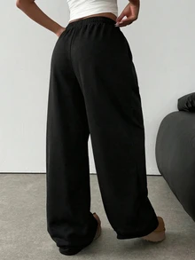 SHEIN 少女纯黑色针织宽松休闲抽绳口袋阔腿运动裤 - 黑色 - 查看 2