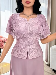 Feyla 女士花卉蕾丝蝙蝠袖上衣和半裙优雅两件套 粉色两件套 夏季度假装 女士情人节优雅两件套 派对沙滩装 适合各种场合 浪漫两件套，领口饰有蕾丝花边 - 粉色 - 查看 7