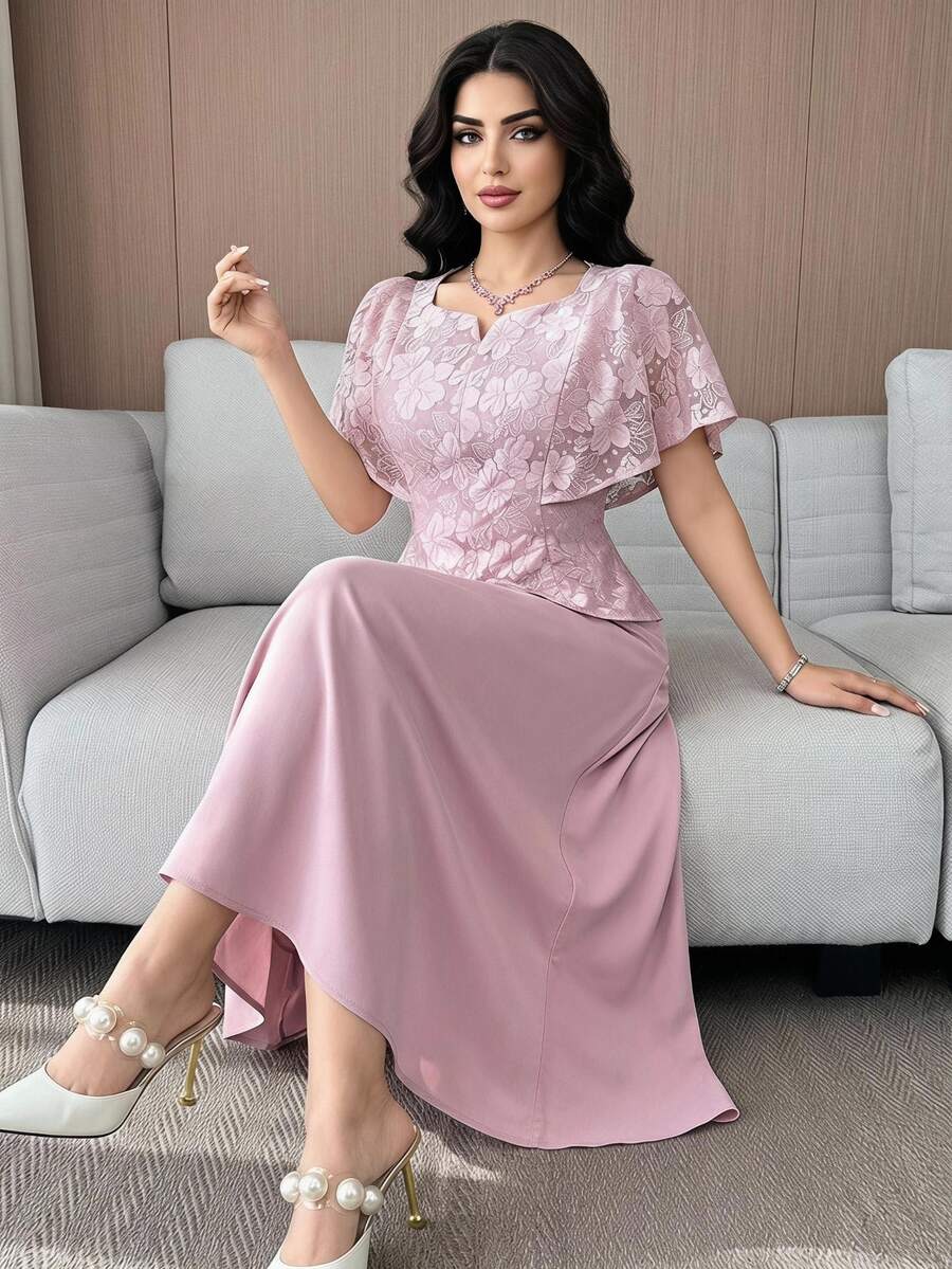 Feyla 女士花卉蕾丝蝙蝠袖上衣和半裙优雅两件套 粉色两件套 夏季度假装 女士情人节优雅两件套 派对沙滩装 适合各种场合 浪漫两件套，领口饰有蕾丝花边