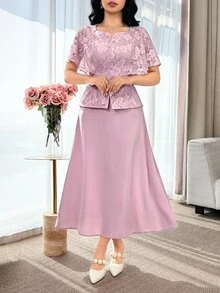 Feyla 女士花卉蕾丝蝙蝠袖上衣和半裙优雅两件套 粉色两件套 夏季度假装 女士情人节优雅两件套 派对沙滩装 适合各种场合 浪漫两件套，领口饰有蕾丝花边 - 粉色 - 查看 6