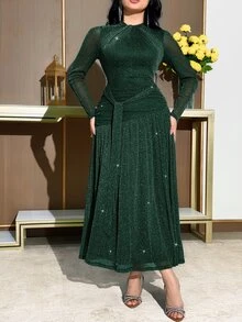 Feyla Gaun Midi Wanita dengan Detail Kerut dan Lipatan Elegan untuk Pesta dan Acara, Gaun Prom - Dark Green - View 7