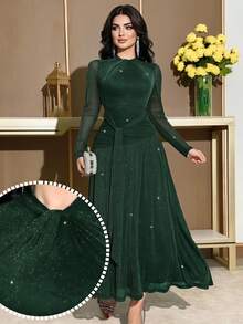 Feyla Gaun Midi Wanita dengan Detail Kerut dan Lipatan Elegan untuk Pesta dan Acara, Gaun Prom - Dark Green - View 2