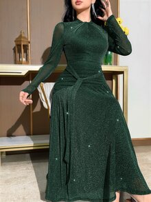 Feyla Gaun Midi Wanita dengan Detail Kerut dan Lipatan Elegan untuk Pesta dan Acara, Gaun Prom - Dark Green - View 8