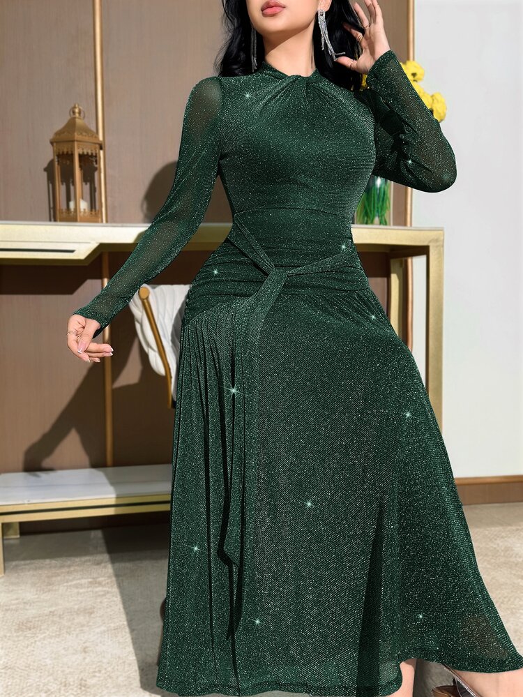Feyla Gaun Midi Wanita dengan Detail Kerut dan Lipatan Elegan untuk Pesta dan Acara, Gaun Prom - Dark Green - View 7