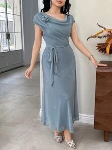 Feyla Women's Shimmering Dusty Blue Midi Dress,Elegant Slim Fit Asymmetrical Neckline Gown With Rose Detail And Waist Tie For Summer Party Evening Wear - Blue - View 6