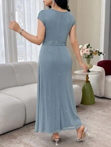 Feyla Women's Shimmering Dusty Blue Midi Dress,Elegant Slim Fit Asymmetrical Neckline Gown With Rose Detail And Waist Tie For Summer Party Evening Wear - Blue - View 3